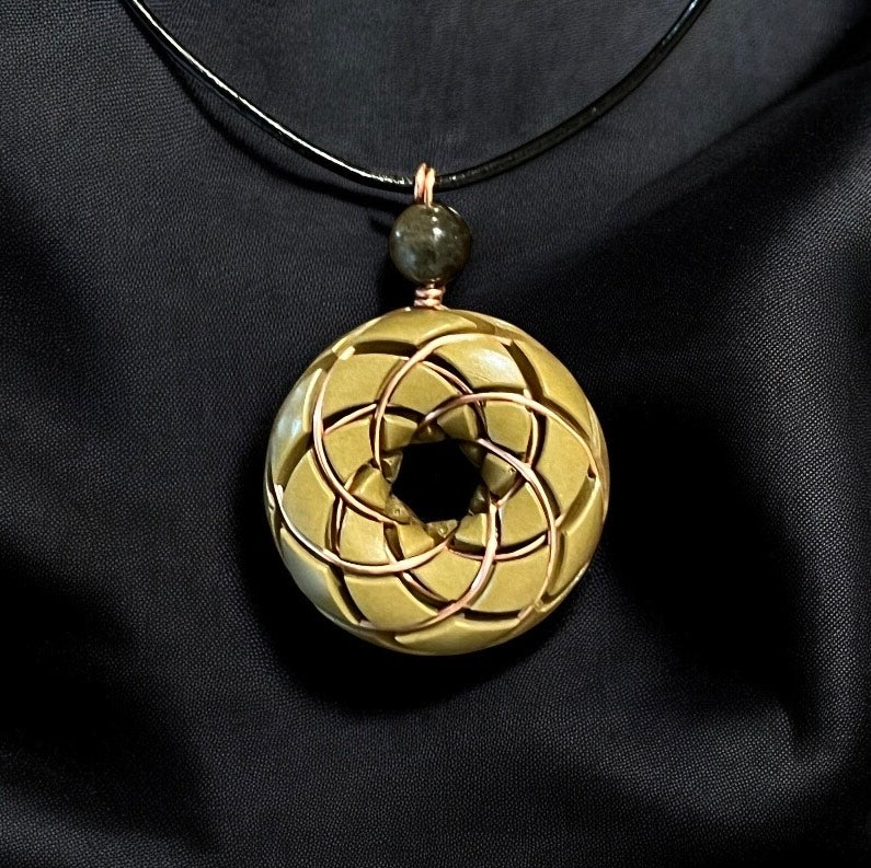 Torus Vortex Pendant- Brass and Libyan Desert Glass Orgonite Necklace Rodin Coil