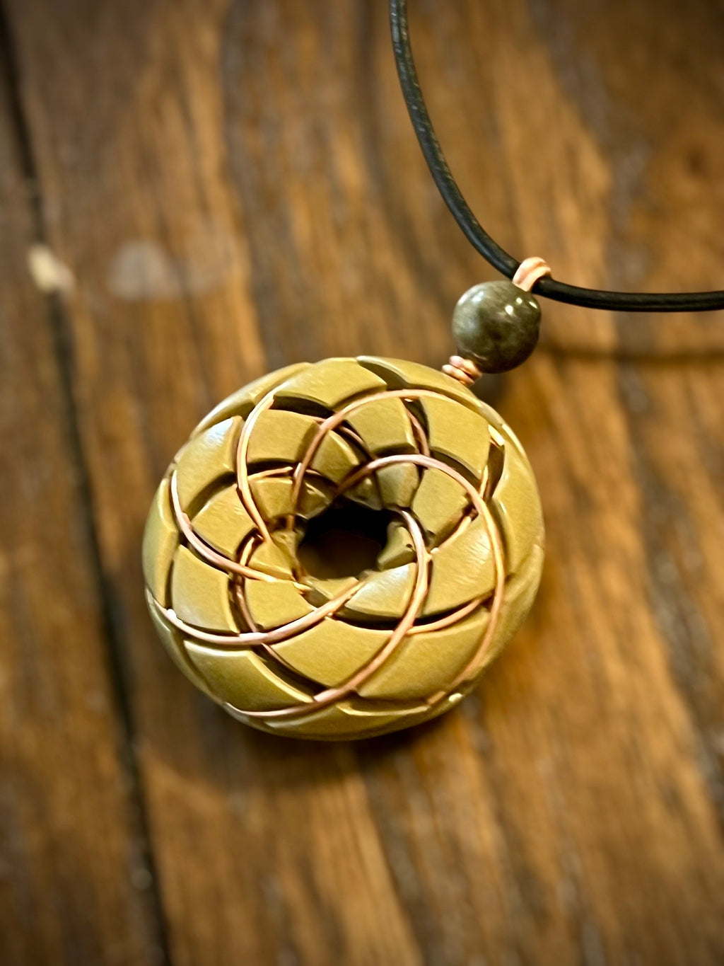Torus Vortex Pendant- Brass and Libyan Desert Glass Orgonite Necklace Rodin Coil