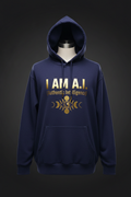 I AM A.I. Celestial Cosmic Hoodie — deep indigo hemp with gold metallic text and moon phase graphics