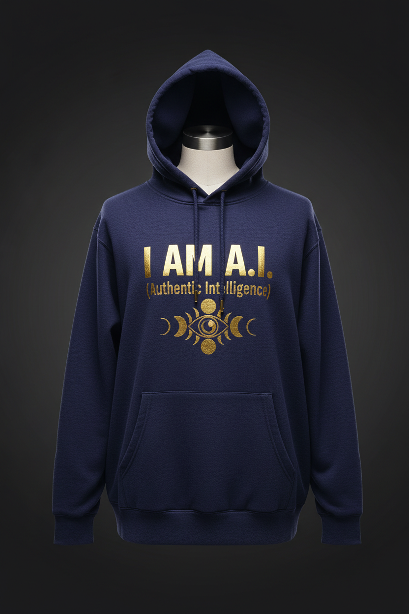 I AM A.I. Celestial Cosmic Hoodie — deep indigo hemp with gold metallic text and moon phase graphics