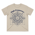 High-Frequency Celestial Grid Tee — sand linen with deep indigo constellation map and celestial grid