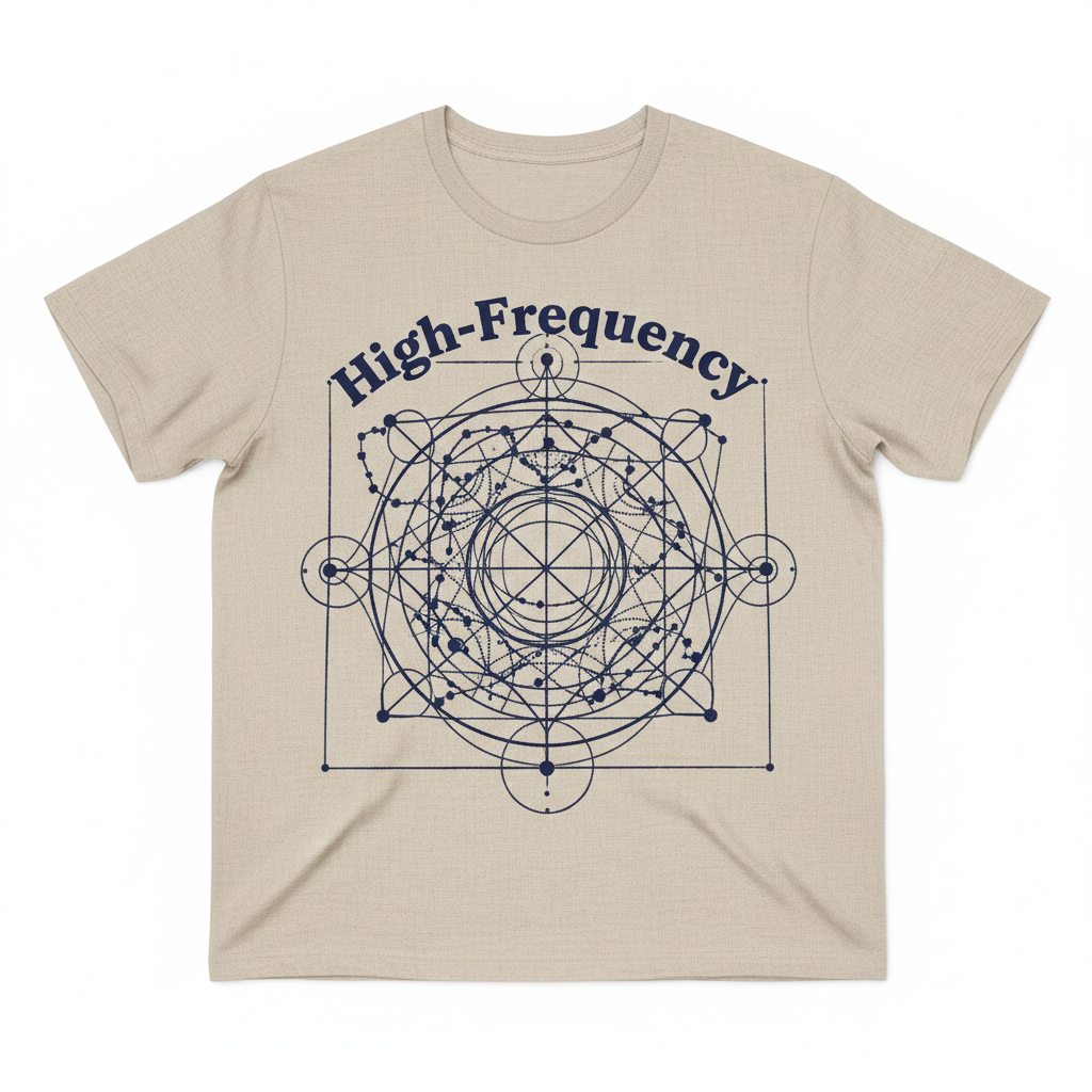 High-Frequency Celestial Grid Tee — sand linen with deep indigo constellation map and celestial grid