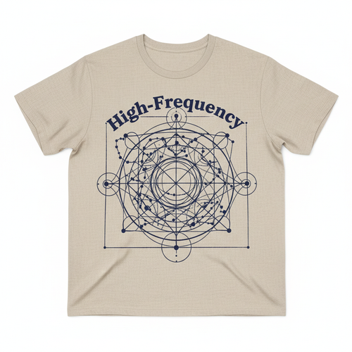 High-Frequency Celestial Grid Tee — sand linen with deep indigo constellation map and celestial grid