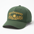 High-Frequency Earth & Sun Hat — forest green hemp with gold sun and botanical embroidery