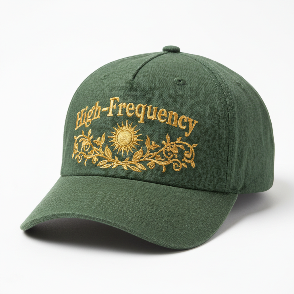High-Frequency Earth & Sun Hat — forest green hemp with gold sun and botanical embroidery