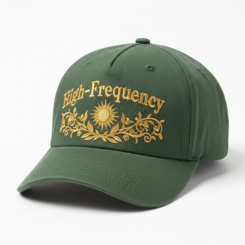 High-Frequency Earth & Sun Hat — forest green hemp with gold sun and botanical embroidery