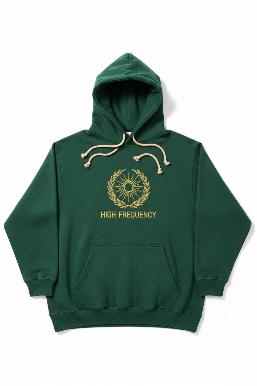 High-Frequency Earth & Sun Hoodie — deep forest green hemp with gold sun symbol and botanical leaf pattern
