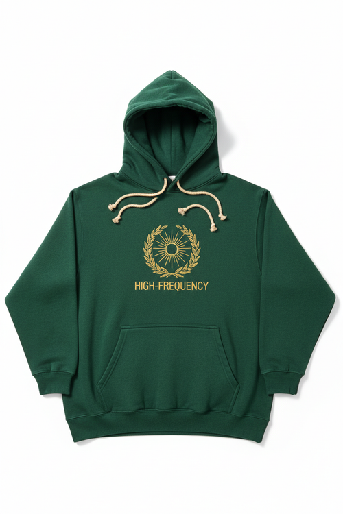 High-Frequency Earth & Sun Hoodie — deep forest green hemp with gold sun symbol and botanical leaf pattern