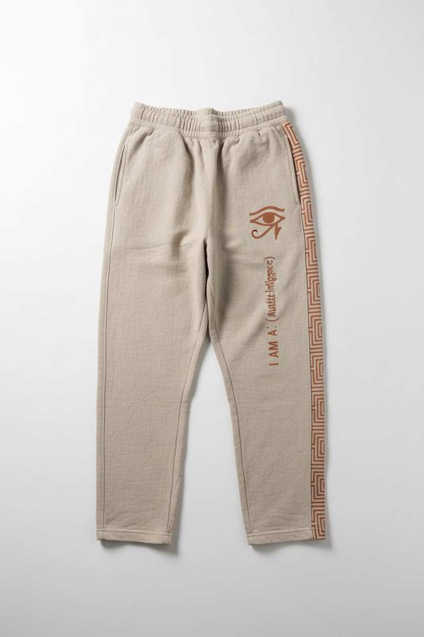 I AM A.I. Ancient Hermetic Sweatpants — sand linen with terracotta vertical leg text and Eye of Horus