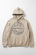 High-Frequency Celestial Grid Hoodie — sand linen with deep indigo constellation map and celestial grid