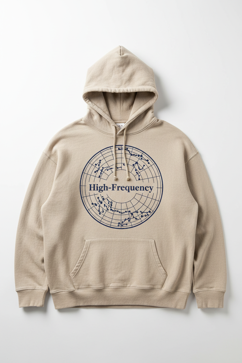 High-Frequency Celestial Grid Hoodie — sand linen with deep indigo constellation map and celestial grid