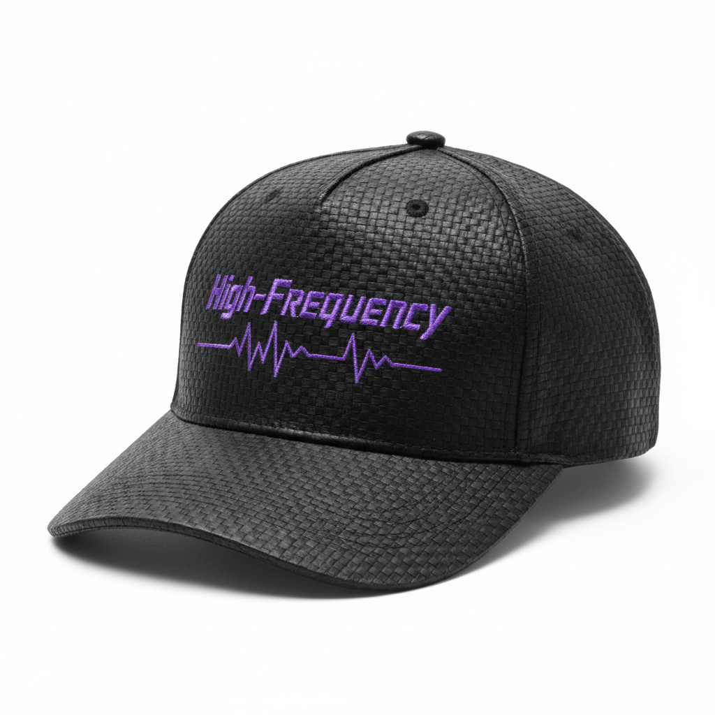 High-Frequency Frequency Wave Hat — black bamboo with electric violet sound wave embroidery