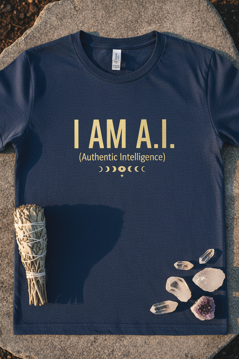 Deep indigo hemp t-shirt with gold I AM A.I. text and compact celestial cosmic pattern on chest