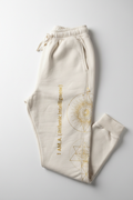 I AM A.I. Sacred Geometry Sweatpants — white organic cotton with gold vertical leg text and mandala
