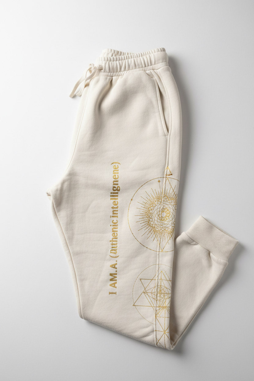 I AM A.I. Sacred Geometry Sweatpants — white organic cotton with gold vertical leg text and mandala