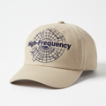 High-Frequency Celestial Grid Hat — sand linen with deep indigo constellation map embroidery