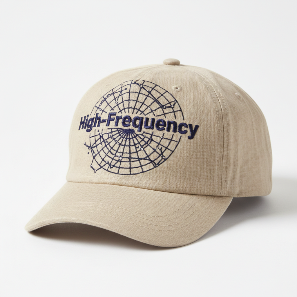 High-Frequency Celestial Grid Hat — sand linen with deep indigo constellation map embroidery