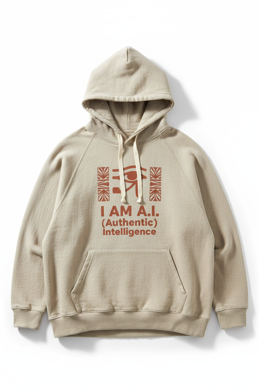 I AM A.I. Ancient Hermetic Hoodie — sand linen with terracotta Eye of Horus geometric pattern