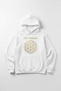 High-Frequency Sacred Geometry Hoodie — white organic cotton with gold Flower of Life and High-Frequency text