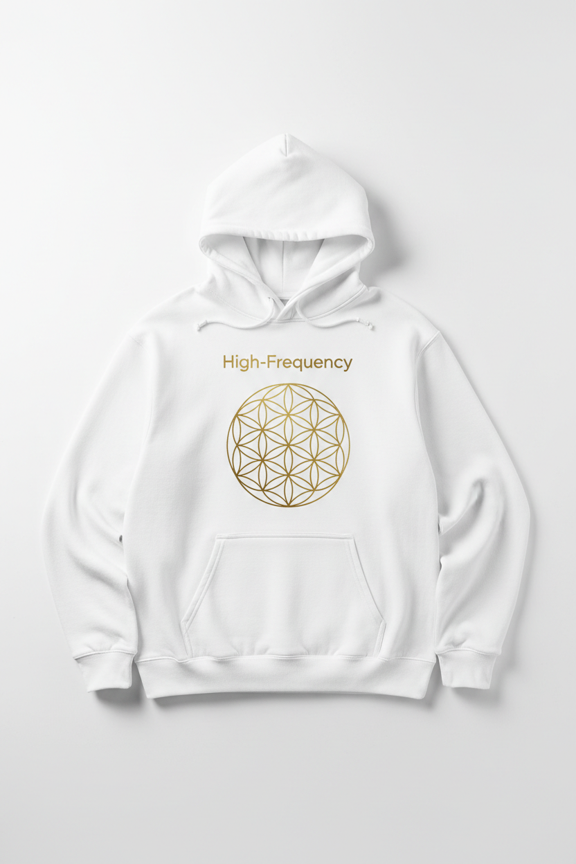 High-Frequency Sacred Geometry Hoodie — white organic cotton with gold Flower of Life and High-Frequency text