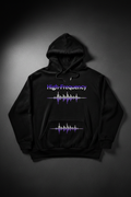 High-Frequency Wave Hoodie — black bamboo with electric violet gradient text and frequency waveform