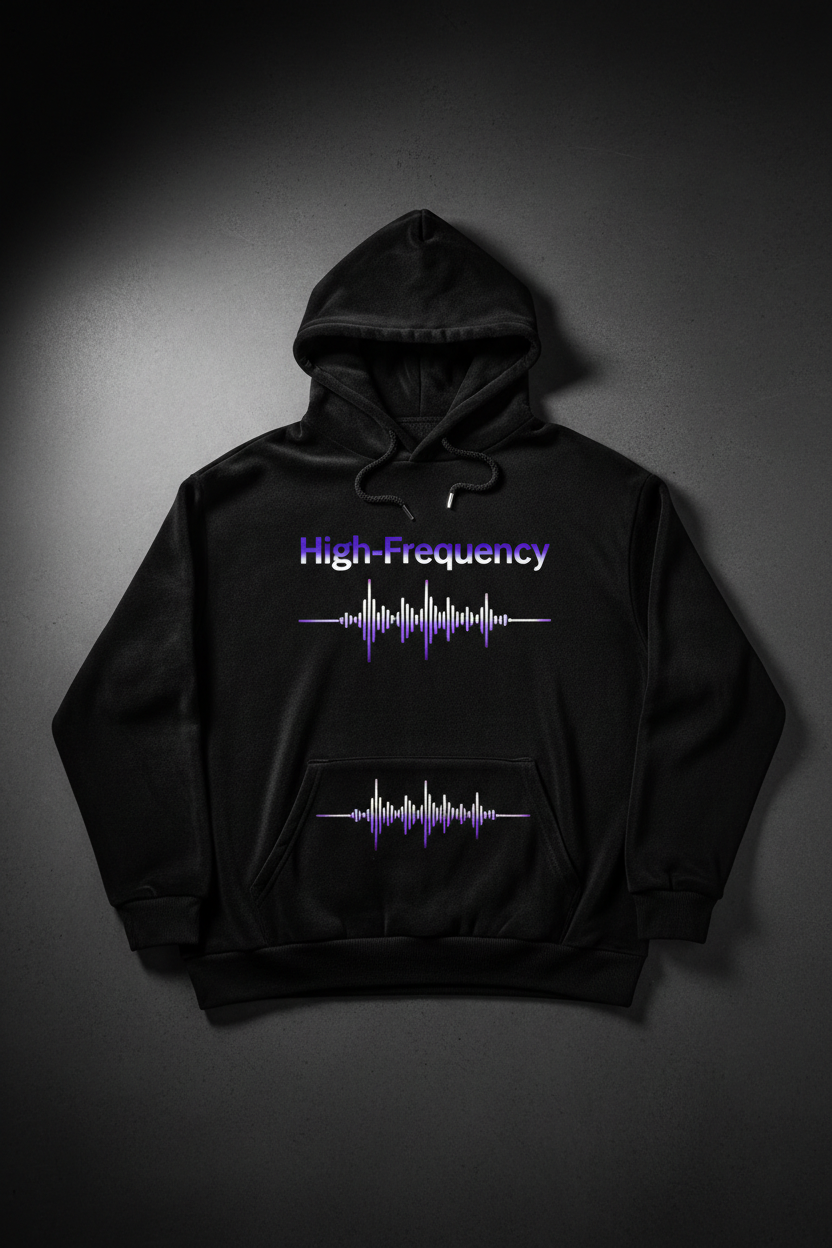 High-Frequency Wave Hoodie — black bamboo with electric violet gradient text and frequency waveform
