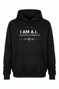I AM A.I. Modern Minimal Hoodie — black bamboo fleece with white I AM A.I. text and frequency wave