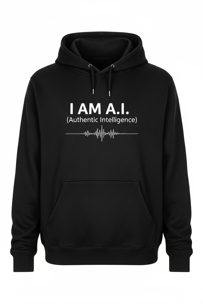 I AM A.I. Modern Minimal Hoodie — black bamboo fleece with white I AM A.I. text and frequency wave
