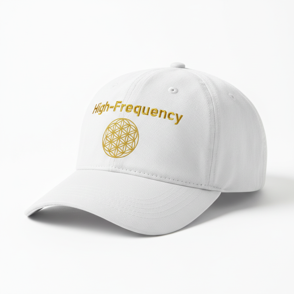 High-Frequency Sacred Geometry Hat — white organic cotton with gold Flower of Life embroidery