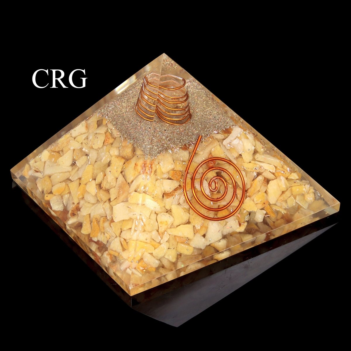 QTY 1 - Yellow Quartz and Aventurine Chip Orgonite Pyramid with Copper / 3" AVG